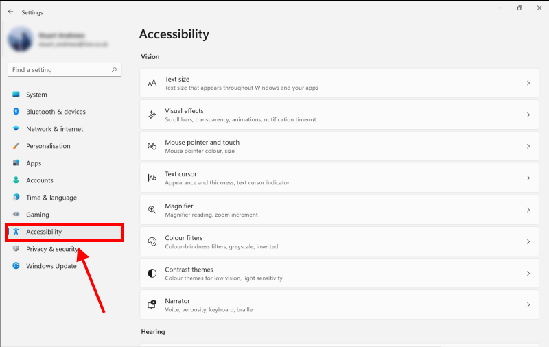 Click Start the Settings then select Accessibility from the list on the left